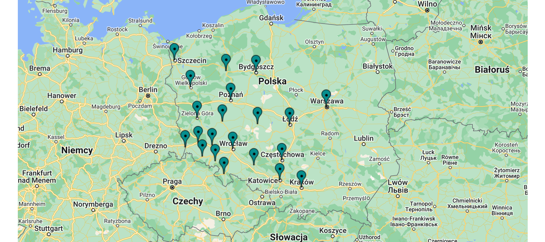 Mapa oddziałów Biura Detektywistycznego Arcanum – prywatny detektyw Wrocław, usługi detektywistyczne dla firm w całej Polsce.